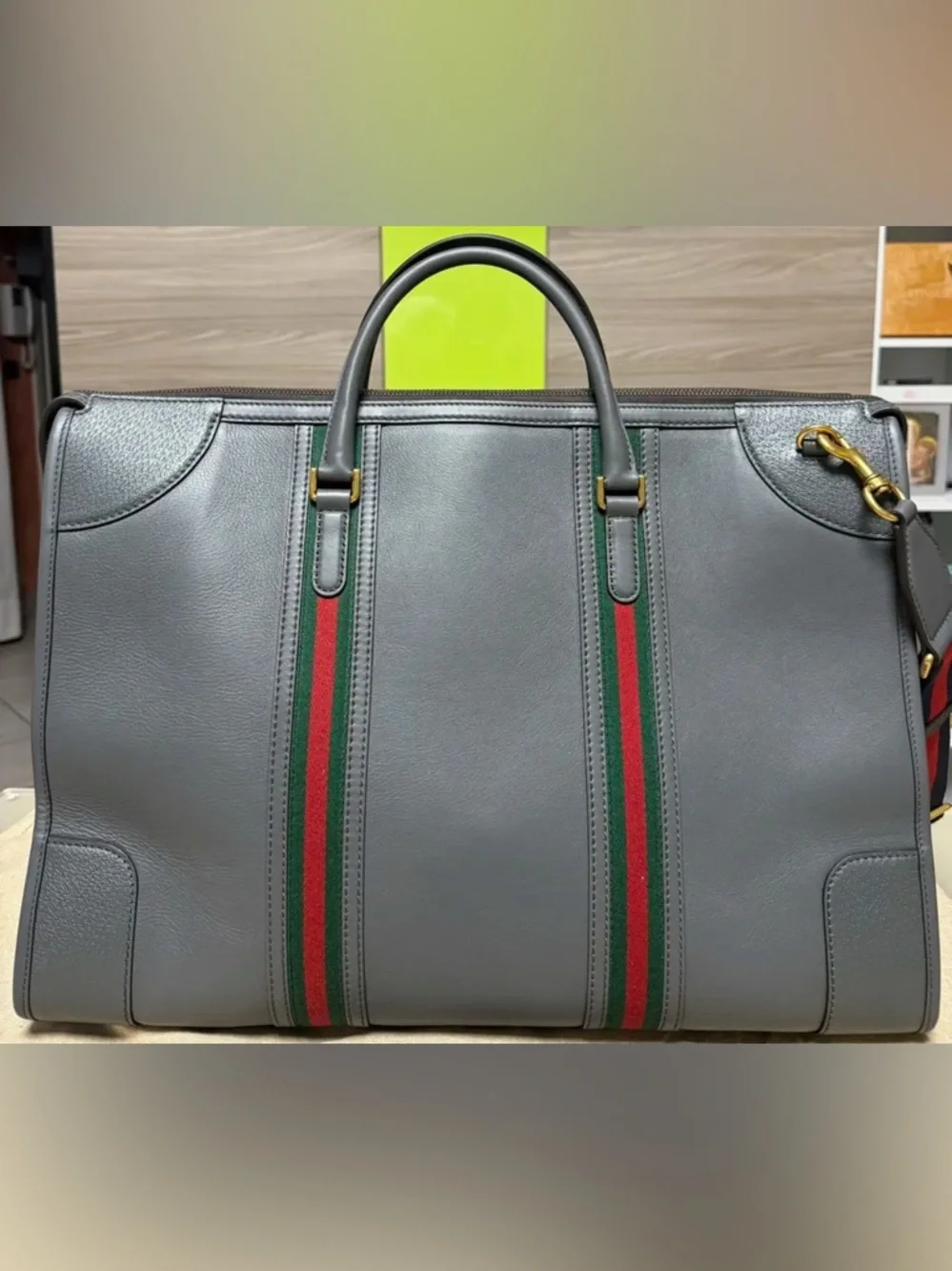 Gucci Gray Leather Duffel with Green and Red Web Stripes